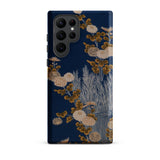 Kimono Fragment with Brushwood Fence and Chrysanthemums Samsung Case, Galaxy S22 Ultra / Matte, Dark Blue Phone Case Intricate Floral