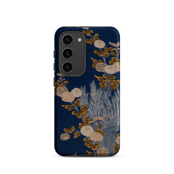 Kimono Fragment with Brushwood Fence and Chrysanthemums Samsung Case, Galaxy S23 / Matte, Dark Blue Smartphone Case Beige Floral Green