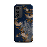 Kimono Fragment with Brushwood Fence and Chrysanthemums Samsung Case, Galaxy S23 Plus / Matte, Dark Blue Phone Case Floral Botanical