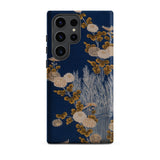 Kimono Fragment with Brushwood Fence and Chrysanthemums Samsung Case, Galaxy S23 Ultra / Matte, Dark Blue Smartphone Case Floral Pattern