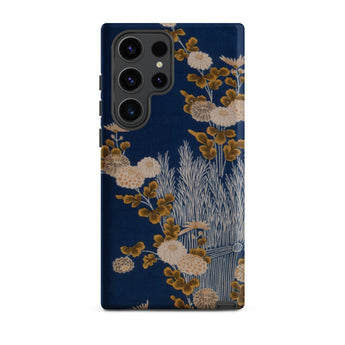 Kimono Fragment with Brushwood Fence and Chrysanthemums Samsung Case, Galaxy S23 Ultra / Matte, Dark Blue Smartphone Case Floral Pattern