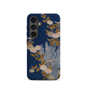 Kimono Fragment with Brushwood Fence and Chrysanthemums Samsung Case, Galaxy S24 / Matte, Dark Blue Phone Case Floral Botanical Pattern Gold