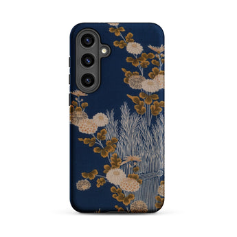 Kimono Fragment with Brushwood Fence and Chrysanthemums Samsung Case, Galaxy S24 Plus / Matte, Dark Blue Smartphone Case Floral Pattern