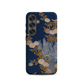 Kimono Fragment with Brushwood Fence and Chrysanthemums Samsung Case, Galaxy S25 / Matte, Dark Blue Smartphone Case Design Gold Cream