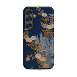 Kimono Fragment with Brushwood Fence and Chrysanthemums Samsung Case, Galaxy S25 Plus / Matte, Dark Blue Smartphone Case Beige Brown Floral