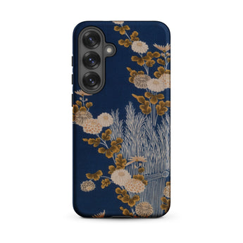 Kimono Fragment with Brushwood Fence and Chrysanthemums Samsung Case, Galaxy S25 Plus / Matte, Dark Blue Smartphone Case Beige Brown Floral
