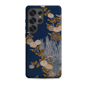Kimono Fragment with Brushwood Fence and Chrysanthemums Samsung Case, Galaxy S25 Ultra / Matte, Dark Blue Smartphone Case Beige Brown