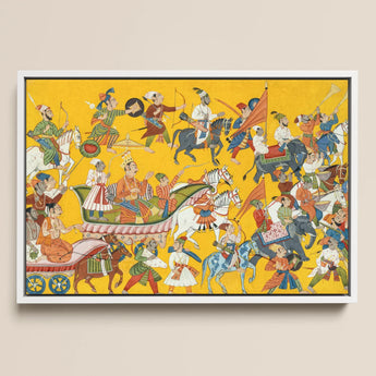 King Dasaratha Proceeds to Rama’s Wedding - Shangri Ramayana Art Print / Canvas Vibrant Yellow Framed Artwork Historical Procession Figures