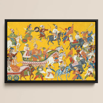 King Dasaratha Proceeds to Rama’s Wedding - Shangri Ramayana Art Print / Canvas Vibrant Yellow-framed Artwork Historical Procession Figures