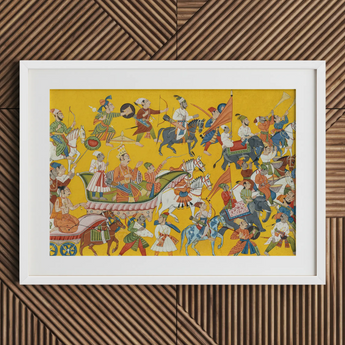 King Dasaratha Proceeds to Rama’s Wedding - Shangri Ramayana Art Print / Canvas Yellow Framed Painting Battle Scene Colorful Figures Horses