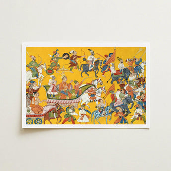 King Dasaratha Proceeds to Rama’s Wedding - Shangri Ramayana Art Print / Canvas Vibrant Yellow-framed Historical Scene Figures Colorful