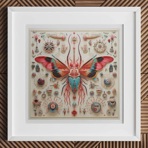 King Dom Beetle - Alien Insect Taxonomy Art Print, 12x12’’ / 31x31cm / White Frame / 2’’ Matboard, Framed Artwork Symmetrical Arrangement