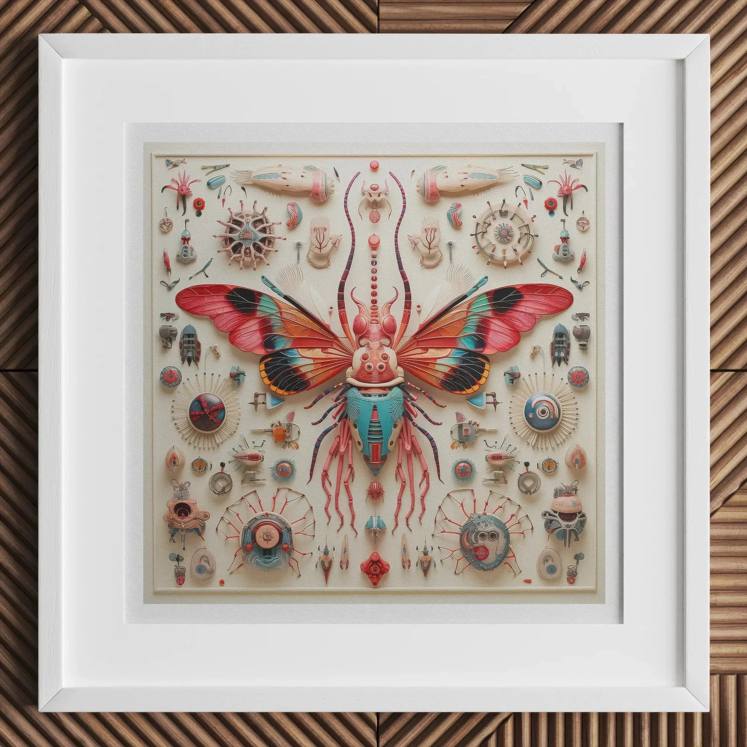 King Dom Beetle - Alien Insect Taxonomy Art Print, 12x12’’ / 31x31cm / White Frame, Framed Artwork Symmetrical Arrangement Colorful Insect