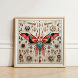 Vibrant Intricately Detailed Framed Artwork Central Butterfly Iridescent King Dom Beetle, Alien Species Taxonomy, Xenoentomological Artistry