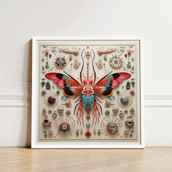 Vibrant Intricately Detailed Framed Artwork Central Butterfly Iridescent King Dom Beetle, Alien Species Taxonomy, Xenoentomological Artistry