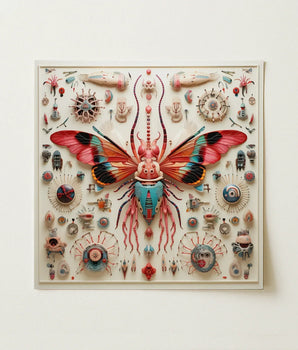 Vibrant Three-dimensional Butterfly Sculpture Pink Teal Wings Accented King Dom Beetle, Alien Species Taxonomy, Xenoentomological Artistry