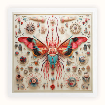 King Dom Beetle - Alien Insect Taxonomy Art Print, Colorful Fantastical Butterfly-like Creature Intricate Mechanical Organic Elements