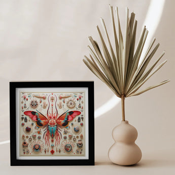 King Dom Beetle - Alien Insect Taxonomy Art Print, Framed Artwork Colorful Butterfly Surrounded Organic Geometric Shapes