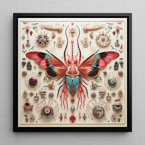 King Dom Beetle - Alien Insect Taxonomy Framed Canvas, 12x12’’ / 31x31cm / Black Floating Frame, Framed Colorful Steampunk Insect Art