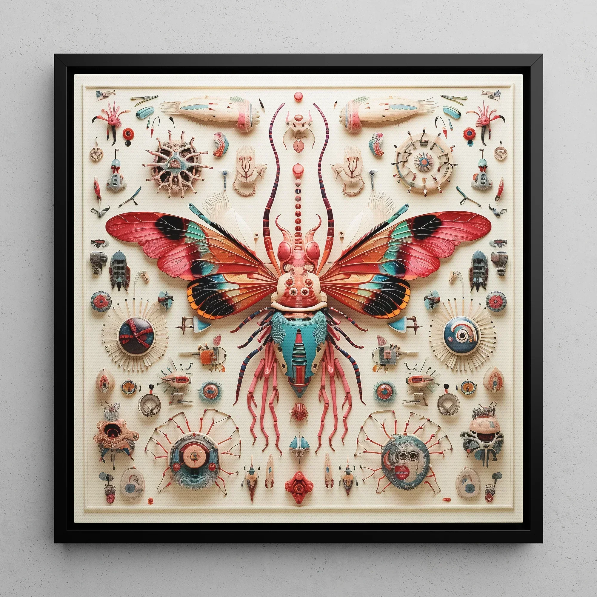 King Dom Beetle Alien Insect Taxonomy Framed Canvas, 12x12’’ / 31x31cm / Black Floating Frame, Framed Colorful Steampunk Insect Art