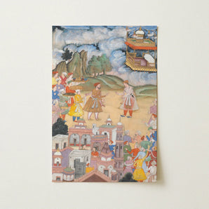 King Sal Visits Kala Yavana - Harivamsa Art Print / Canvas Rectangular Colorful Mughal-style Illustrated Historical Scene Figures Strides,