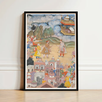 Framed Mughal-style Miniature Painting Vibrant Historical Scene Figures King Sal Strides, Kala Yavana, Harivamsa Art Print