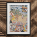 King Sal Visits Kala Yavana - Harivamsa Art Print / Canvas Black Framed Watercolor Painting Indian Village Scene Vibrant King Sal Strides,