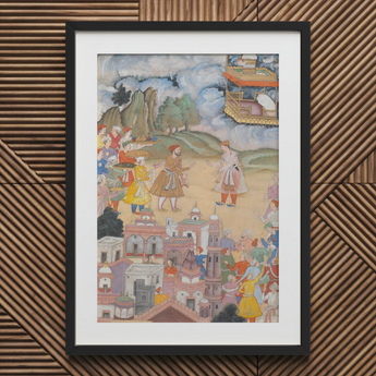 King Sal Visits Kala Yavana - Harivamsa Art Print / Canvas Black Framed Watercolor Painting Indian Village Scene Vibrant King Sal Strides,