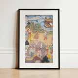 King Sal Visits Kala Yavana - Harivamsa Art Print / Canvas Framed Mughal-style Miniature Painting City Scene Vibrant Colors King Sal