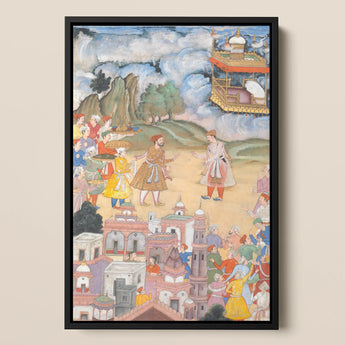 King Sal Visits Kala Yavana - Harivamsa Art Print / Canvas Framed Mughal-style Miniature Painting Vibrant Court Scene Ornate King Sal