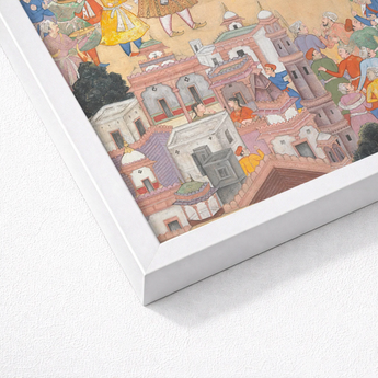 Framed Mughal-era Miniature Painting Vibrant Detailed Scene Figures King Sal Strides, Kala Yavana, Harivamsa Art Print
