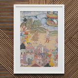 King Sal Visits Kala Yavana - Harivamsa Art Print / Canvas White Framed Painting Colorful Detailed Scene People Buildings King Sal Strides,