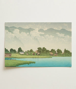 Rectangular Canvas Print Serene Landscape Soft Green Hills Kizaki Lake, Kawase Hasui’s Shinshu, Kizakiko, Suspends, Exhales, Beneath, Hazy