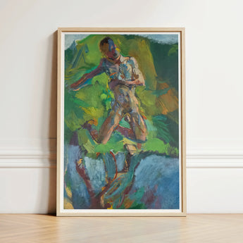 Kneeling Narcissus - Anton Kolig Art Print / Canvas Framed Abstract Painting Figure Motion Vibrant Green Blue Kolig’s, Flesh Refracted,