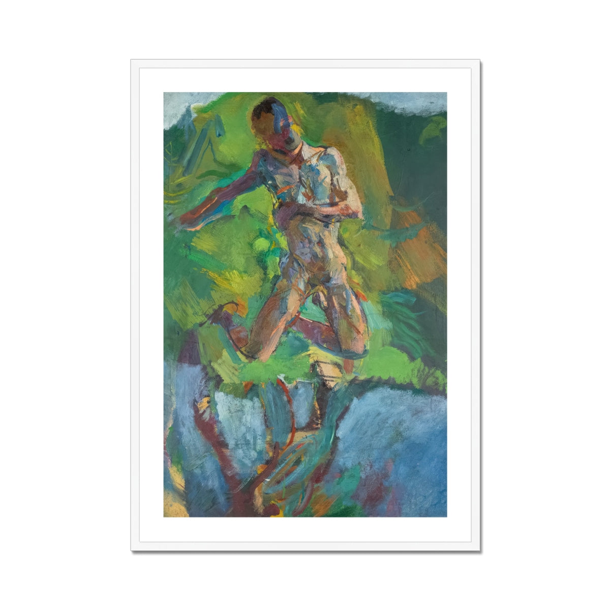 Kneeling Narcissus Anton Kolig Art Print, Vibrant Expressionistic Oil Painting Nude Figure Dynamically Posed