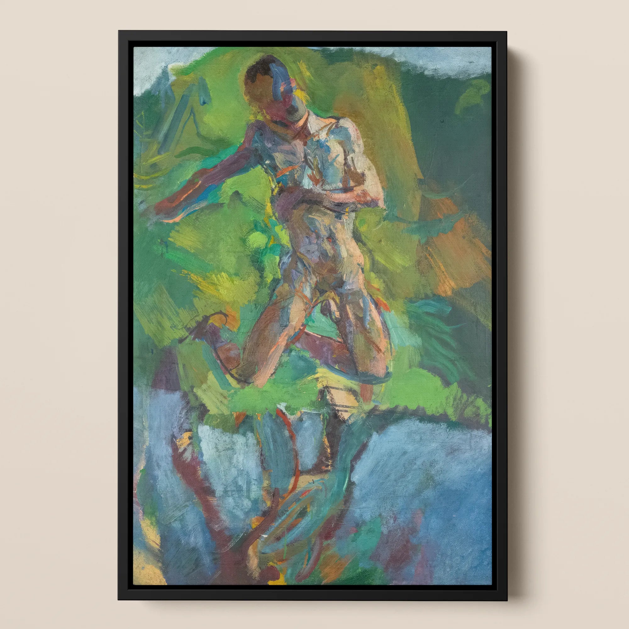Kneeling Narcissus Anton Kolig Framed Canvas, Framed Vertical Oil Painting Nude Man Motion Green