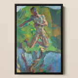Kneeling Narcissus - Anton Kolig Framed Canvas, Framed Vertical Oil Painting Nude Man Motion Green