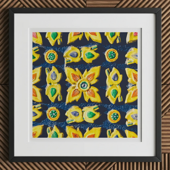 Kosala - Traditional Thailand Mosaic Art Print, 12x12’’ / 31x31cm / Black Frame / 2’’ Matboard, Framed Art Print Vibrant Yellow Floral