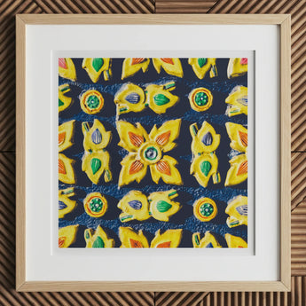Kosala - Traditional Thailand Mosaic Art Print, 12x12’’ / 31x31cm / Natural Frame / 2’’ Matboard, Framed Piece Art Vibrant Pattern Yellow