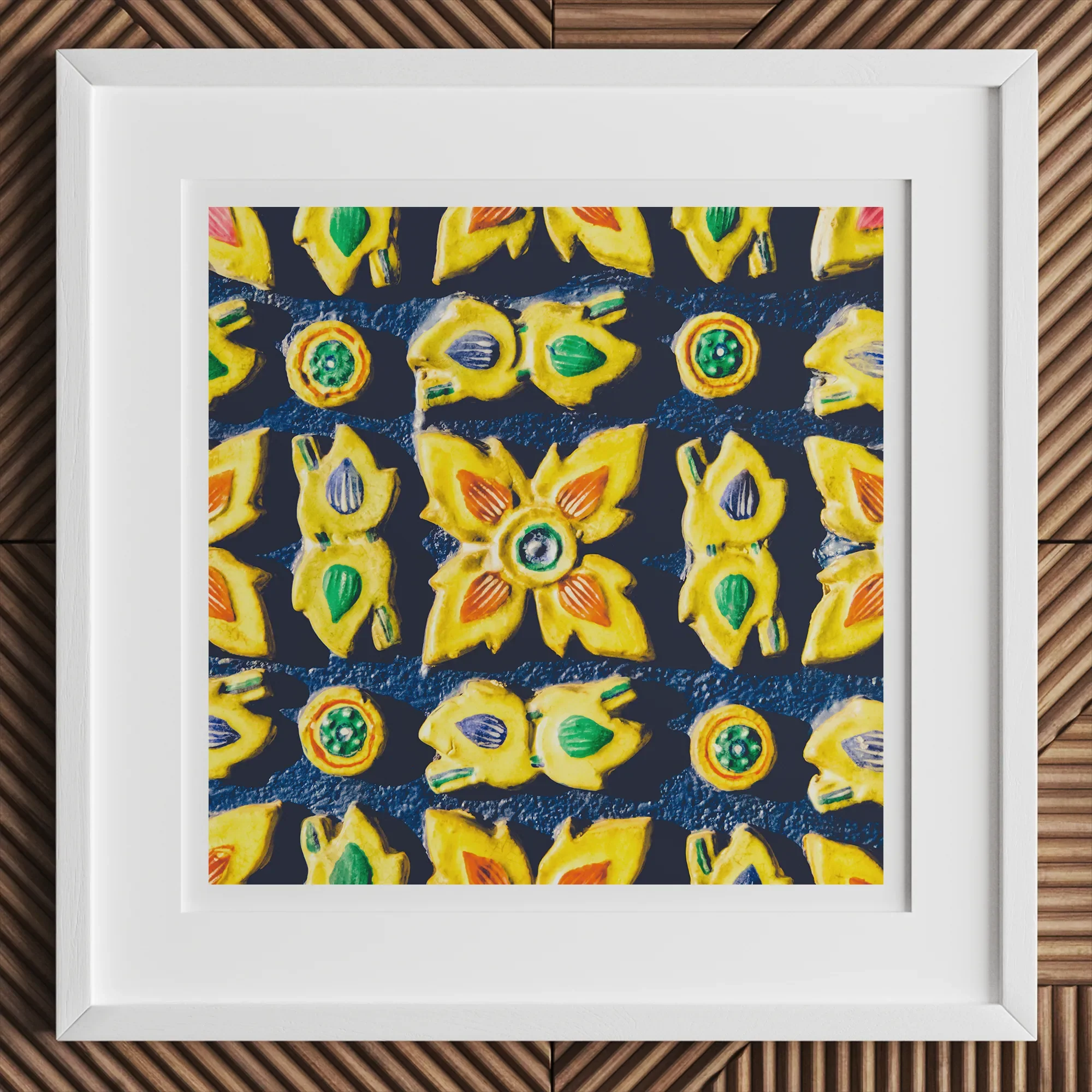 Kosala - Traditional Thailand Mosaic Art Print, 12x12’’ / 31x31cm / White Frame, Framed Picture Colorful Bas-relief Pattern