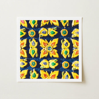 Kosala - Traditional Thailand Mosaic Art Print / Canvas Framed Vibrant Pattern Yellow Ceramic-like Floral Motifs, Thai Heritage Prints