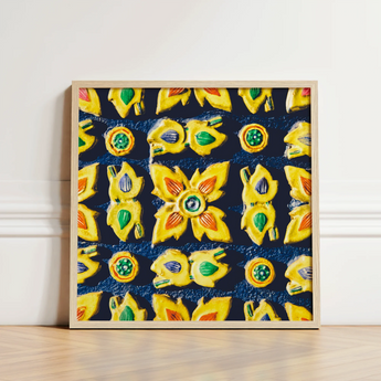 Vibrant Textured Artwork Bold Yellow Green Floral Motifs Traditional Thailand Mosaic, Art, Thai Heritage