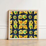 Framed Artwork Vibrant Pattern Yellow Green Floral Motifs Traditional Thailand Mosaic, Art, Thai Heritage