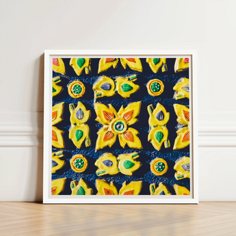 Vibrant Framed Artwork Pattern Yellow Green Stylized Floral Traditional Thailand Mosaic, Art, Thai Heritage