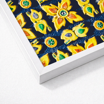 Vibrant Patterned Art Print Stylized Yellow Flowers Green Traditional Thailand Mosaic, Thai Heritage