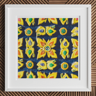 Kosala - Traditional Thailand Mosaic Art Print, Framed Artwork Colorful Floral Pattern Yellow Blue Green