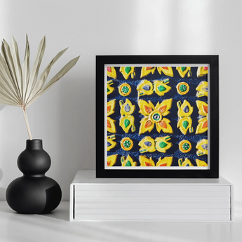 Kosala - Traditional Thailand Mosaic Art Print, Framed Colorful Abstract Floral Artwork Yellow Blue Green