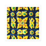 Kosala - Traditional Thailand Mosaic Art Print, Pattern Yellow Green Floral Designs Navy Blue Background