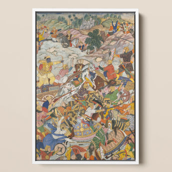 Krishna & Balarama Fighting the Enemy - Harivamsa Art Print / Canvas Framed Mughal-style Battle Scene Painting Vibrant Colors Intricate
