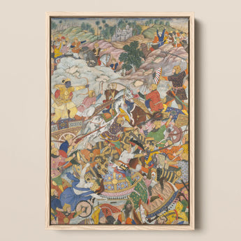 Krishna & Balarama Fighting the Enemy - Harivamsa Art Print / Canvas Vibrant Intricately Detailed Battle Scene Painting Light Wooden
